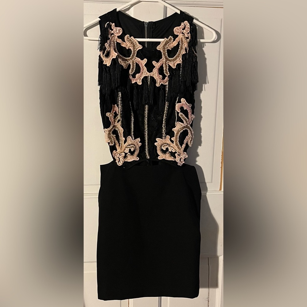 Anne Fernandes Black Cutout Cocktail Dress W/Embellished Pink Appliqués Size M